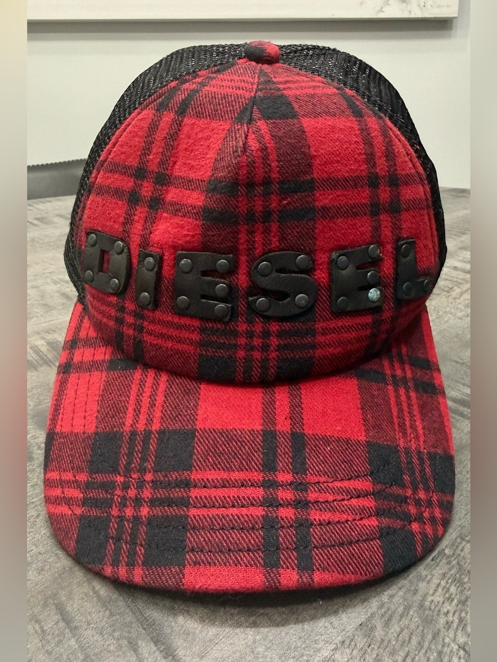 Diesel Red and Black Plaid Studded Trucker Hat